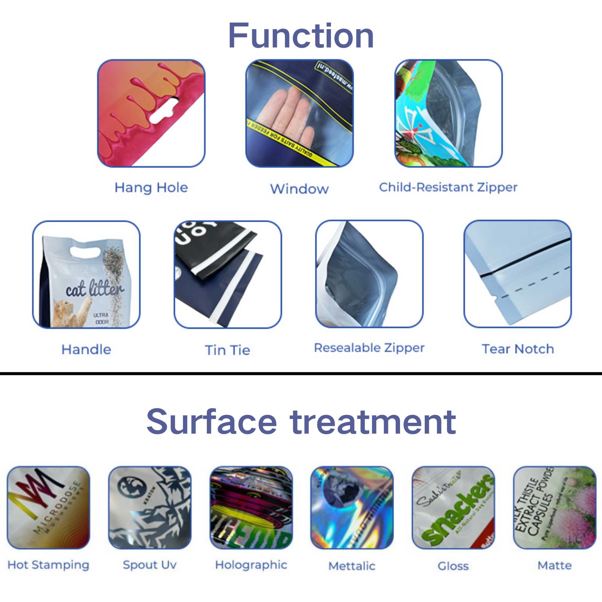 Blue stand up pouch function customization and minimum order quantity